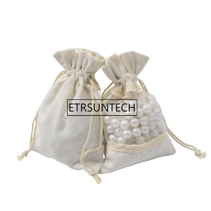 200pcs/lot 10x14cm Lace Jute Burlap Bag With Transparent Window Jewellery Beads Drawstring Pouch Wedding Gift Bags