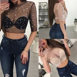 Women Sexy Mesh Sheer Transparent T-shirt Crop Top Short Sleeve Sequined Sparky Bling Bling Clubwear T-shirt Short Tops Hot Sale