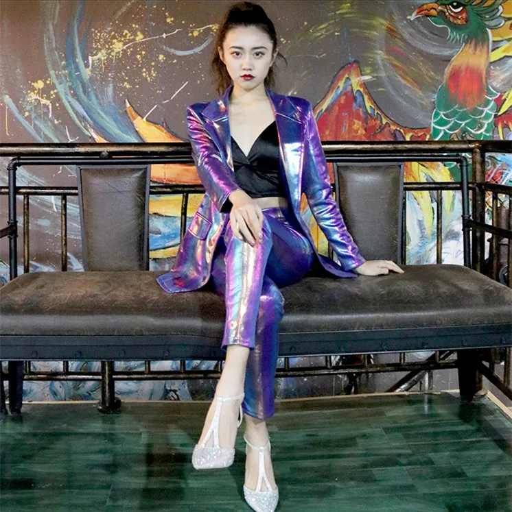 

Sexy Lady Purple Colorful suit Stripe Jacket Pants Suit Celebration Stage Host Suit Singer Concert Costume music festival cloth