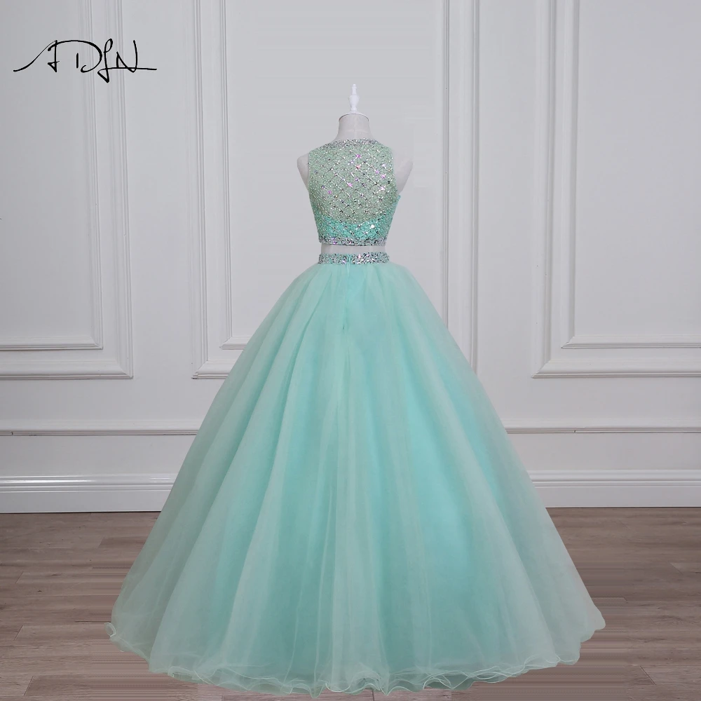 ADLN Foto Real Verde da Hortelã Vestidos Quinceanera 2017 Lindo Frisado Cristal Lantejoulas Duas Peças Vestido de Baile Doce 16 Vestido