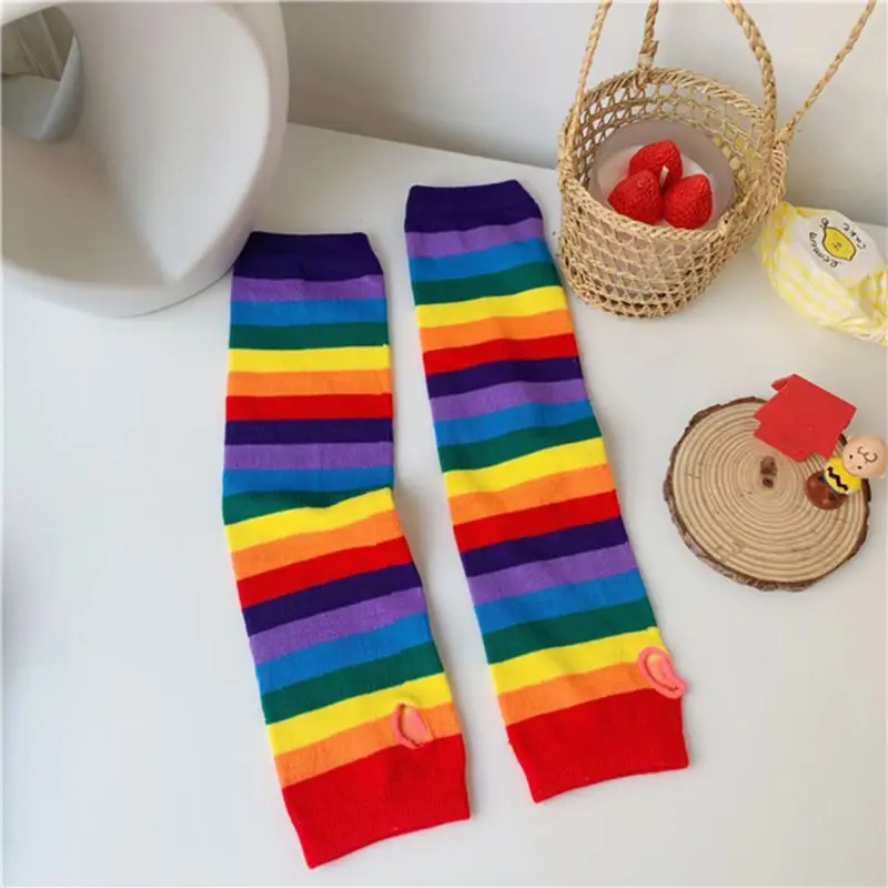 Girl Harajuku Elbow Length Fingerless Arm Sleeve Warmer Rainbow Colored Striped Knitted Sunscreen Costume Gloves