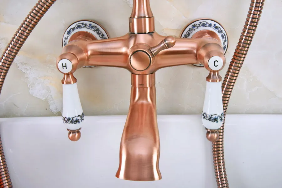 Imagem -02 - Antique Red Copper Brass Wall-mounted Faucet para Banheiro Clawfoot Tub Mixer Tap Telefone Shower Head Dual Ceramic Handles Ana 331