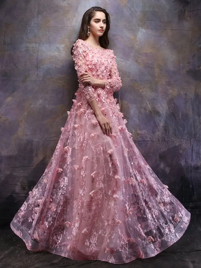 Vestido de noche de encaje con manga larga para mujer, vestido de fiesta Formal con flores, color rosa, elegante, hecho a medida