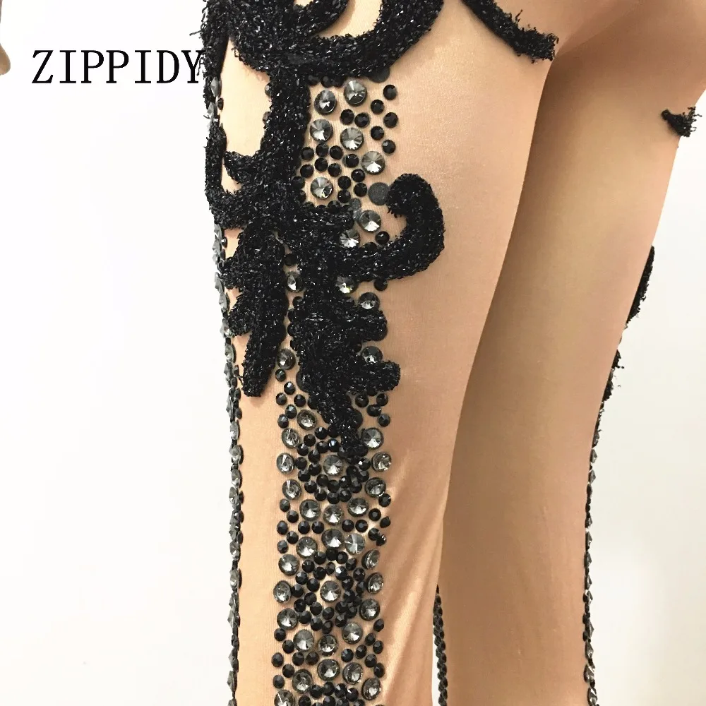 Sexy Sparkly Black Crystals Jumpsuit Prom Performance Outfit Party Celebrate Glisten Stones Costume Bodysuit Stage Wear Rompers