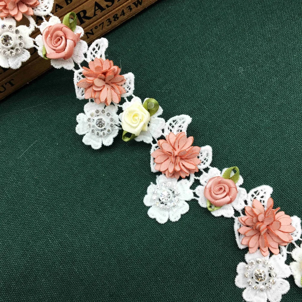 

1 Yard 3D Diamond Rose Flower Embroidered Lace Edge Trimming Ribbon Handmade Vintage Applique Hat DIY Wedding Dress Sewing Craft
