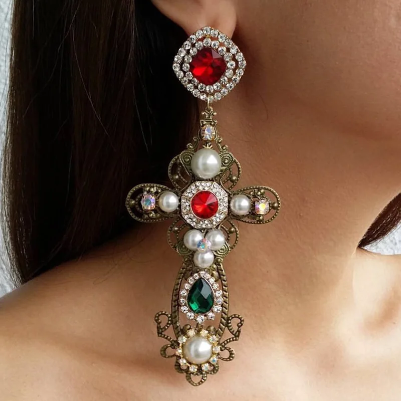 Vintage Baroque Style Inmitation Pearls Big Cross Dangle Earrings for Women Jewelry Hot Sale Classic Statement Accessories