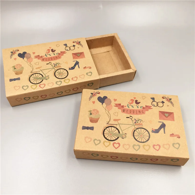 Brown Kraft Paper Drawer Boxes for Jewelry Carrying With Different Colorful Pattern Handmade Wedding/Candy paper 50Pcs gift box