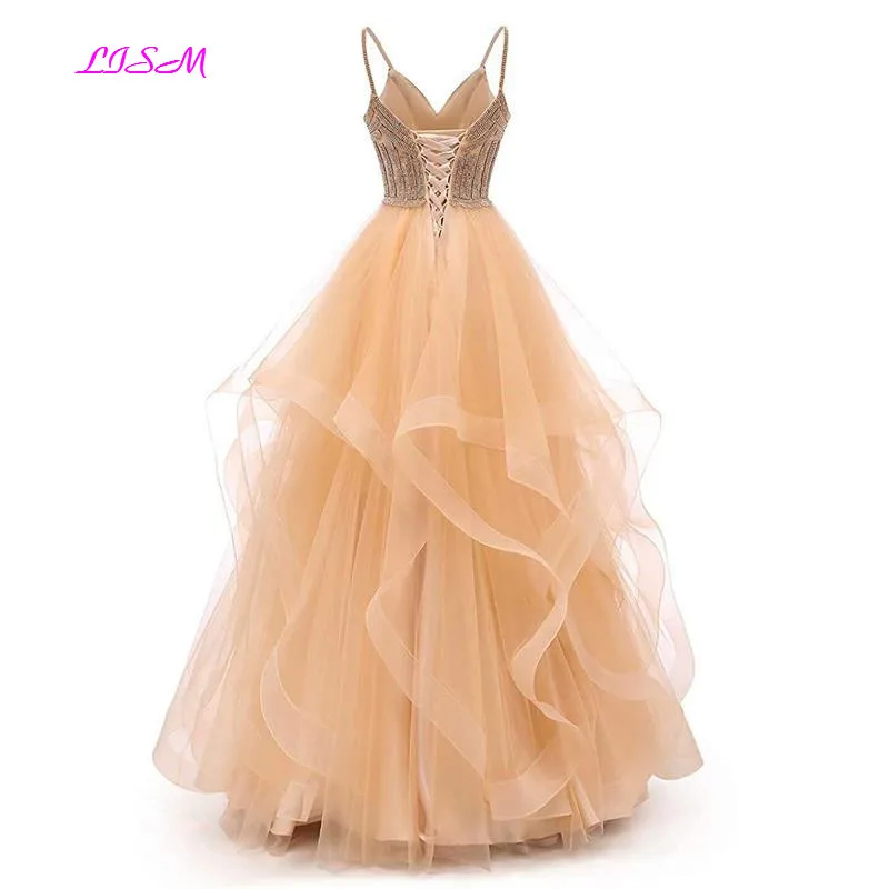 Tulle Crystal Kralen Lange Prom Dresses Tiered Avondjurk Spaghettibandjes Sweetheart Baljurk Prinses Partij Jassen