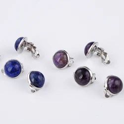 Women Girl Summer Jewelry Round Natural Stone Lapis Lazuli Purple Quartz Bead Clip Earrings for No Pierced Hole Ears Wholesale