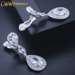 CWWZircons Luxury Round Water Drop Non Pierced CZ Wedding Earrings High Quality Clip on Long Earring Without Piercing CZ399