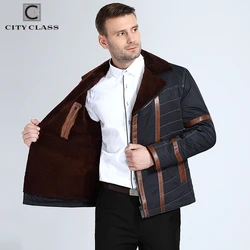 CITY CLASS New Thick Warm Winter Jacket Men Overcoat Fashion Nick Sheared Sheep Skin Suit Collar With Leather blue 14-310(G)