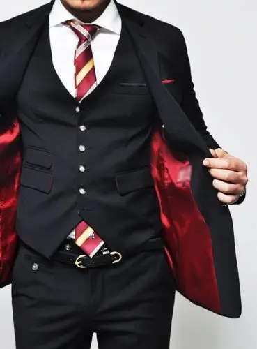 Black With Red Lining Mens Suits Groom Wedding Prom Slim Fit Mens Suits Terno Masculino Suits 3Pcs(Jacket+Pant+Vest)