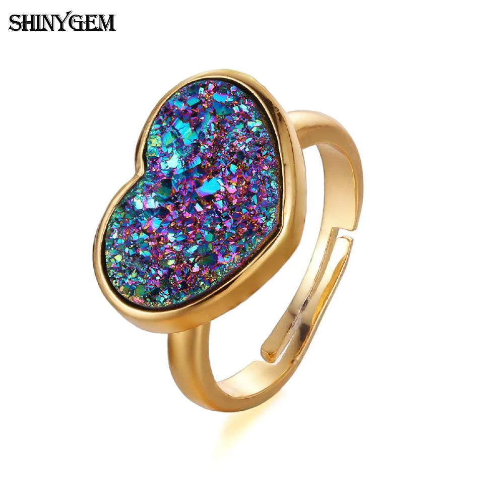 

ShinyGem Luxury Big Heart Druzy Ring Natural Crystal Gem Stone Love Adjustable Gold Plating Bridal Wedding For Women