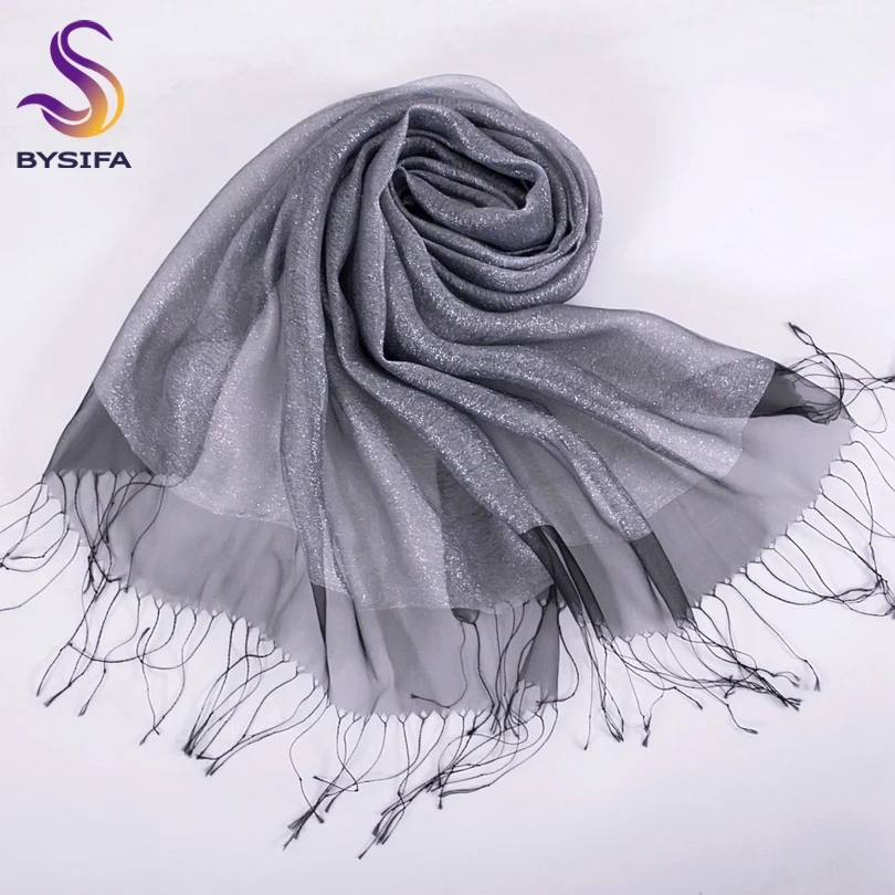 New Elegant Organza Silk Scarf Shawl Fashion 100% Mulberry Silk Silver Grey Female Long Scarves Autumn Winter Ladies Tassel Cape