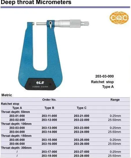 

Deep throat Micrometers .(Type C).0-25*100mm.Quality goods.203-23-000.0-1*4inch.