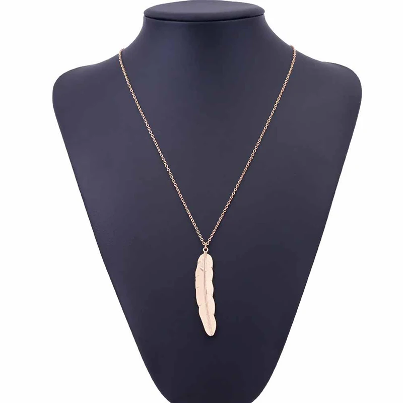 New Fashion Vintage Long Feather Pendant Necklace Jewelry Golden Simple Leaf Shape Collar Women Sexy Chain Collares