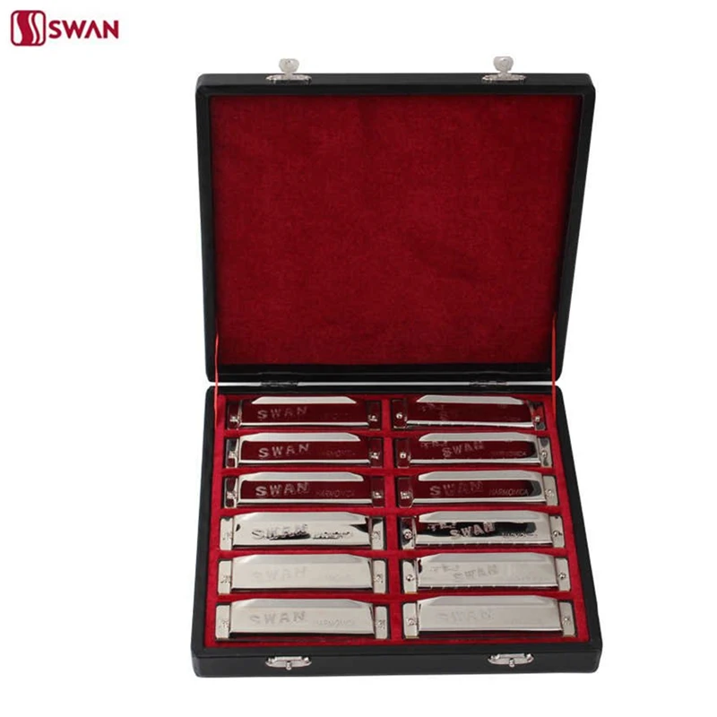 

12PCS/Set Swan 10 Holes Harmonica Diatonic Blues Harp C/D/E/F/G/A/B/A#/C#/D#/F#/G# Keys Mouth Organ With Gift Box Gaita