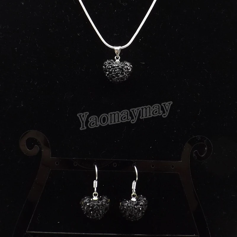 Fashion Jewelry Set Black Heart Pendant Crystal Earrings And Necklace With Silver Plated Chain 5 Sets Wholesale