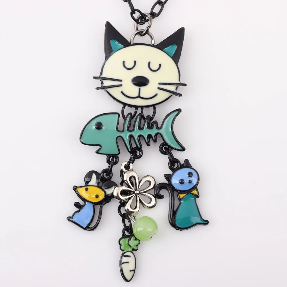 Bonsny Long Chain 2016 Colorful  French Cat Necklace Enamel Pendant Fish Alloy Charm Brand Jewelry For Women Girl  New Animal