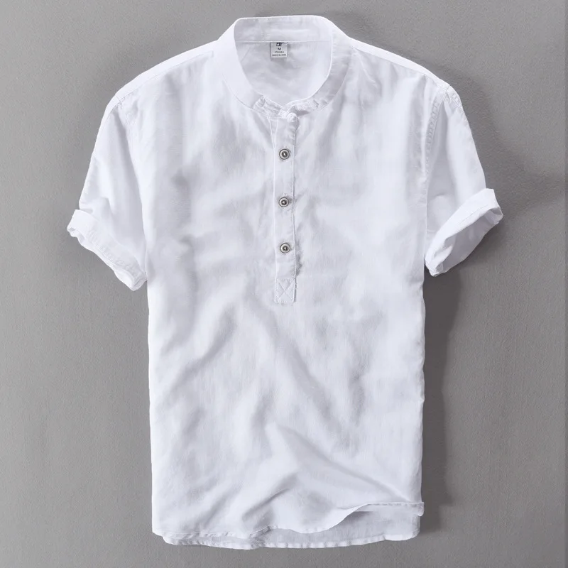 New Summer Brand Shirt Men Short Sleeve Loose Thin Cotton Linen Shirt Male Fashion Solid Color Trend O-Neck Tees