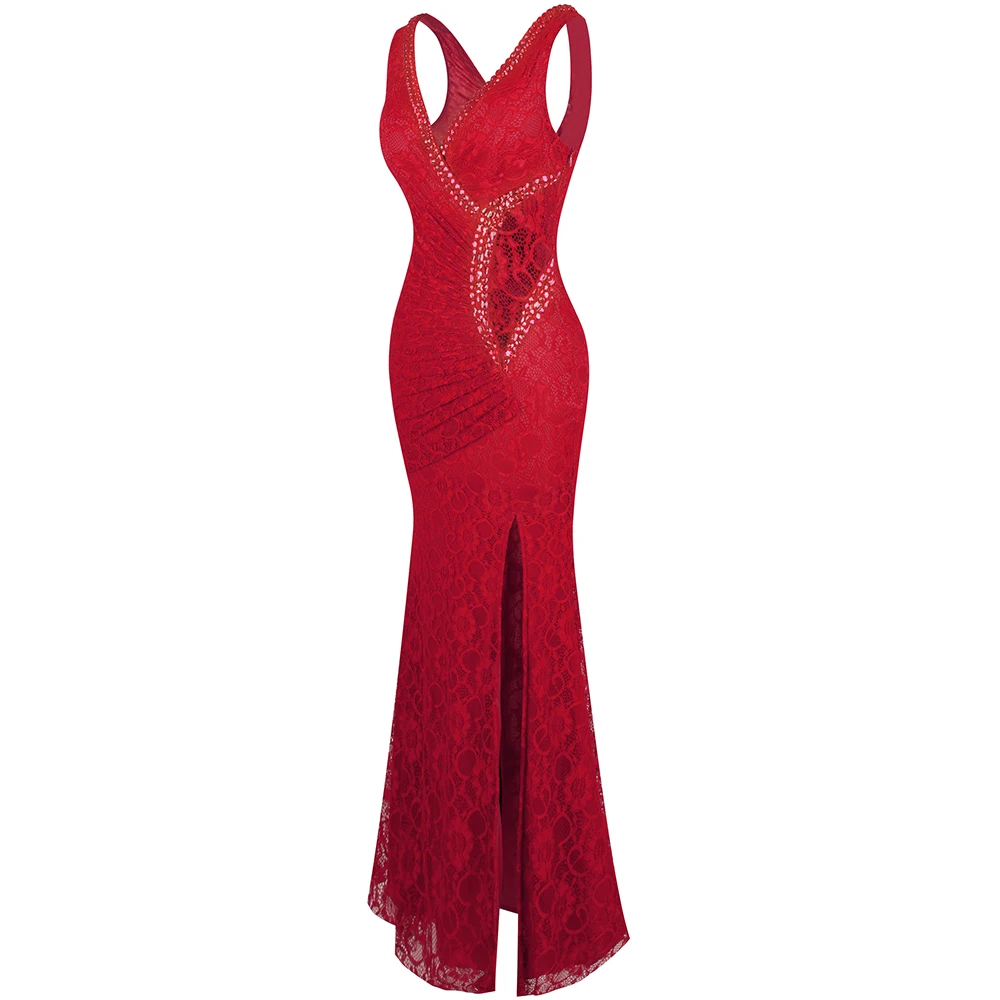 Vestido de noite feminino angel-fashions, com gola em v, renda plissada, para madrinhas