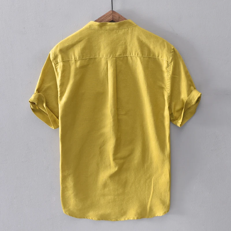 New arrival summer yellow shirt men short-sleeved linen shirts men brand casual shirt mens tops fashion shirts male chemise