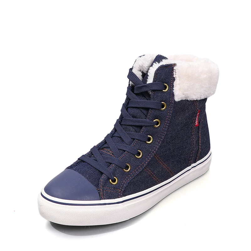 Scarpe invernali da donna panno di jeans Top alto foderato in pelliccia scarpe Casual calde scarpe da ginnastica in Denim blu Navy di alta qualità