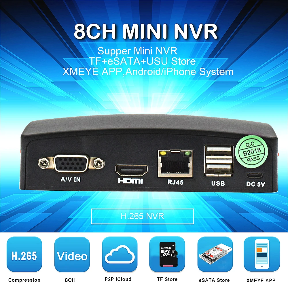 Mini Network Video Recorder para Câmera CCTV, Câmera IP, Suporte P2P eSATA, Slot TF, Mouse USB, Controle Remoto, 5MP, 8CH, 16CH, NVR, H.265