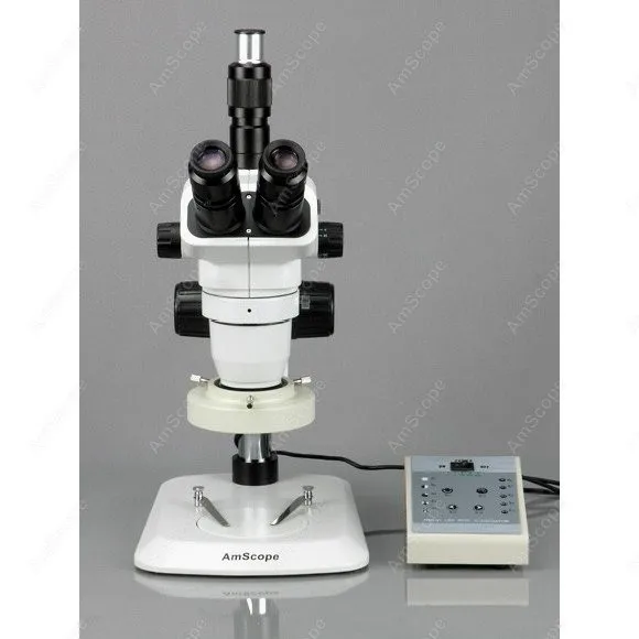 Microscopio stereo trinoculare con zoom serie AmScope ZM-1 3.35X-225X su supporto per pilastro + luce 80-LED + fotocamera digitale da 9 MP