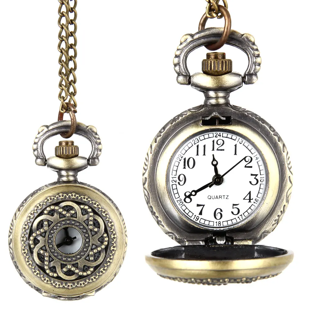 Vintage Quartz Pocket Watch Alloy Hollow Out Flowers Women Girls Sweater Chain Pendant Necklace LL@17