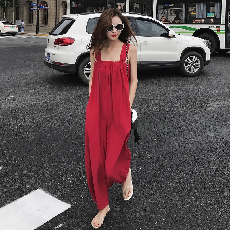 สีแดง Bohemian Jumpsuit 2019 ฤดูร้อนใหม่ Strappy Bohemian พรรค Rompers Beach VINTAGE ยาวขากว้าง Overalls Playsuits กางเกง DD1987