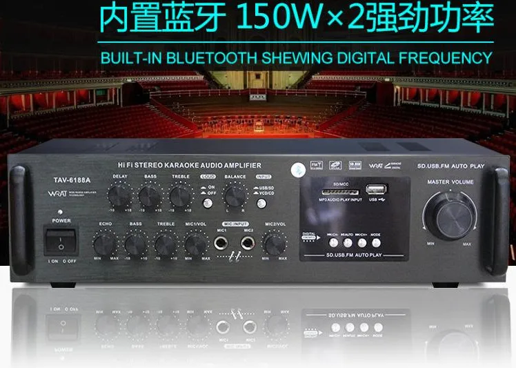 AC220V / DC12V TAV-6188A HIFI 홈 스테레오 가라오케 블루투스 오디오 앰프 LED 디스플레이 USB / SD FM 라디오 마이크 입력