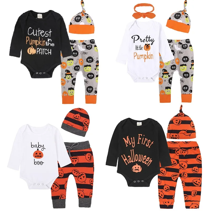 

Halloween Baby Boy Clothes Sets Pumpkin Costumes Goblin Newborn Bodysuit Hat Pant Suits Infant Jumpsuits jack-o'lantern Outfits