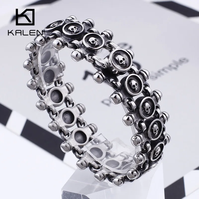 KALEN Punk 21.5cm Skull Bracelets Men Stainless Steel Matte Linking Skull Charm Bracelets Gothic Biker Halloween Jewelry