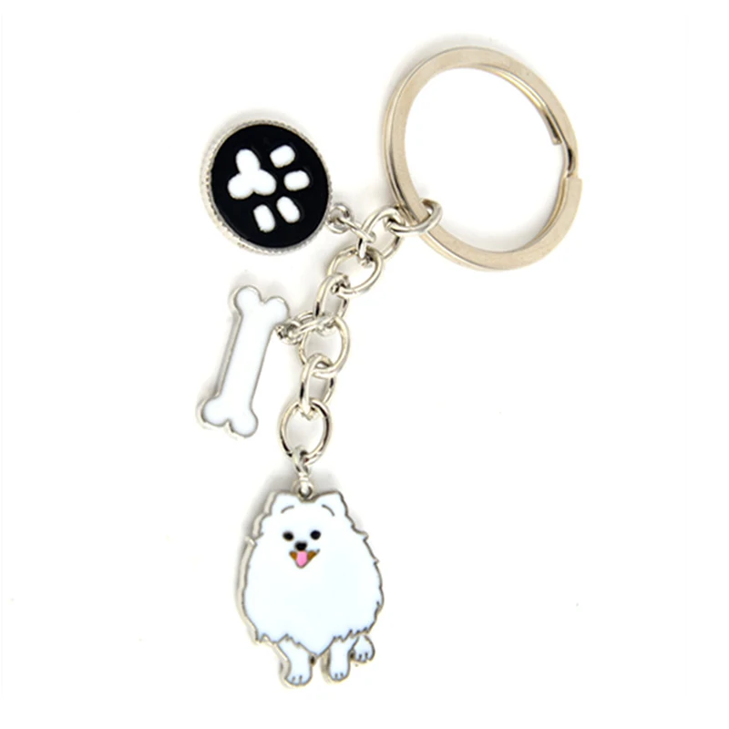 Pomeranian dog keychain key rings for women men girls white gold color metal pet dog pendant bag charm car key chain keyring