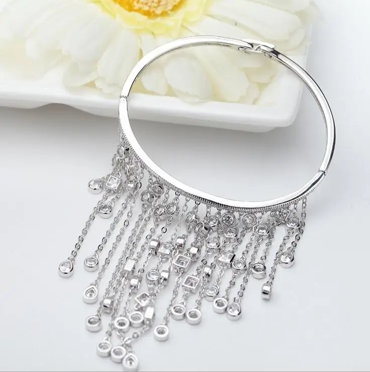 2018 new arrive bridal wedding enegagement gift long chain bezel sparking cz charm silver color luxury bangle bracelet