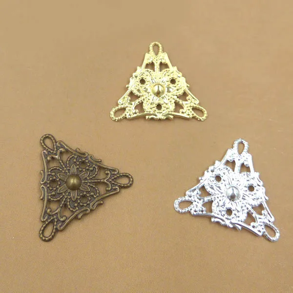 Multi-color Plated Brass Blank Vintage Filigree Triangle Flower Charms Links Wraps Connectors Jewelry DIY Findings 19x22mm