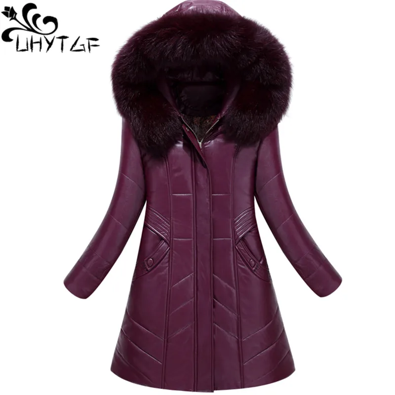 

UHYTGF L-7XL Fashion Fur Collar Hooded Winter Leather Jackets Womens Luxury Leather Jacket Down Cotton Slim Warm Female Coat 126