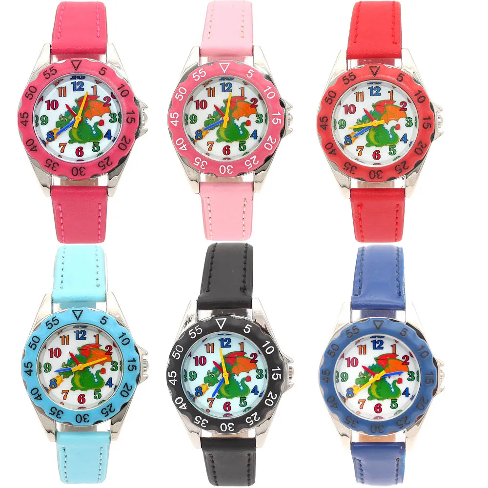귀여운 화재 공룡 어린이 소녀 가죽 손목 시계 캐주얼 드레스 시계, 패션 어린이 학습 시간 시계 U86B