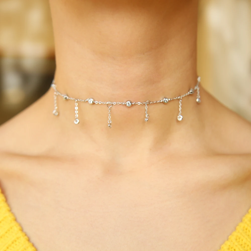 fashion luxury women jewelry gold silver color cz drop charm cz station choker women chocker chain tassel choker necklace