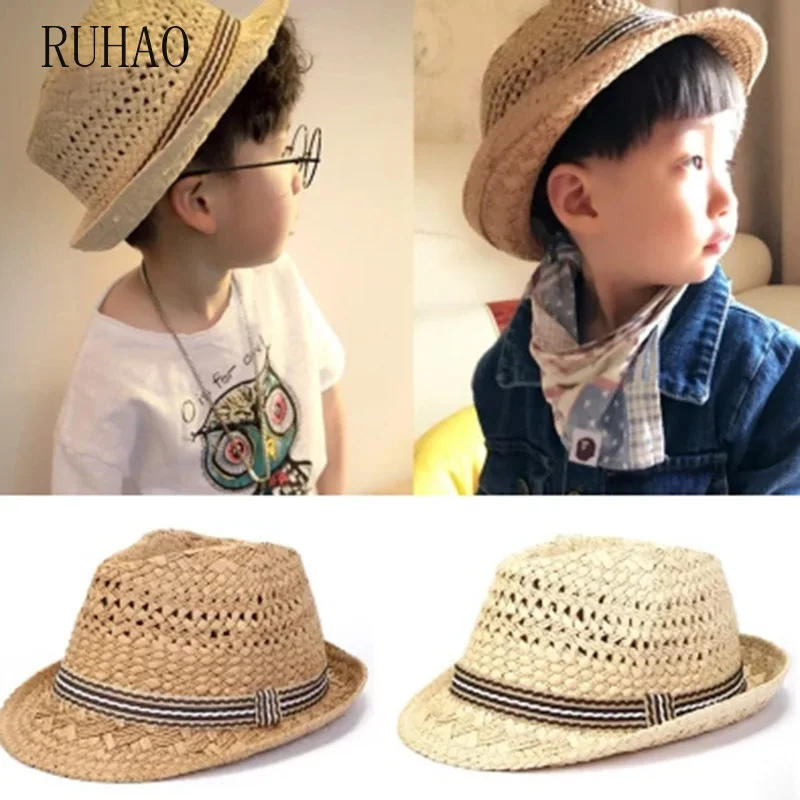 RUHAO Summer Beach Men Boy Sun Hat Jazz Straw Hat Casual Panama Cap Male Fedora Brand Fashion Kids Hat For Men Visor Cap