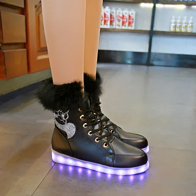 2021 Fleece Snow Boots Women UBS LED Light Shoes Casual Rabbit Hair Ankle Boots Shoes Winter Boots Warm Ladies Flat Shoes Mujer