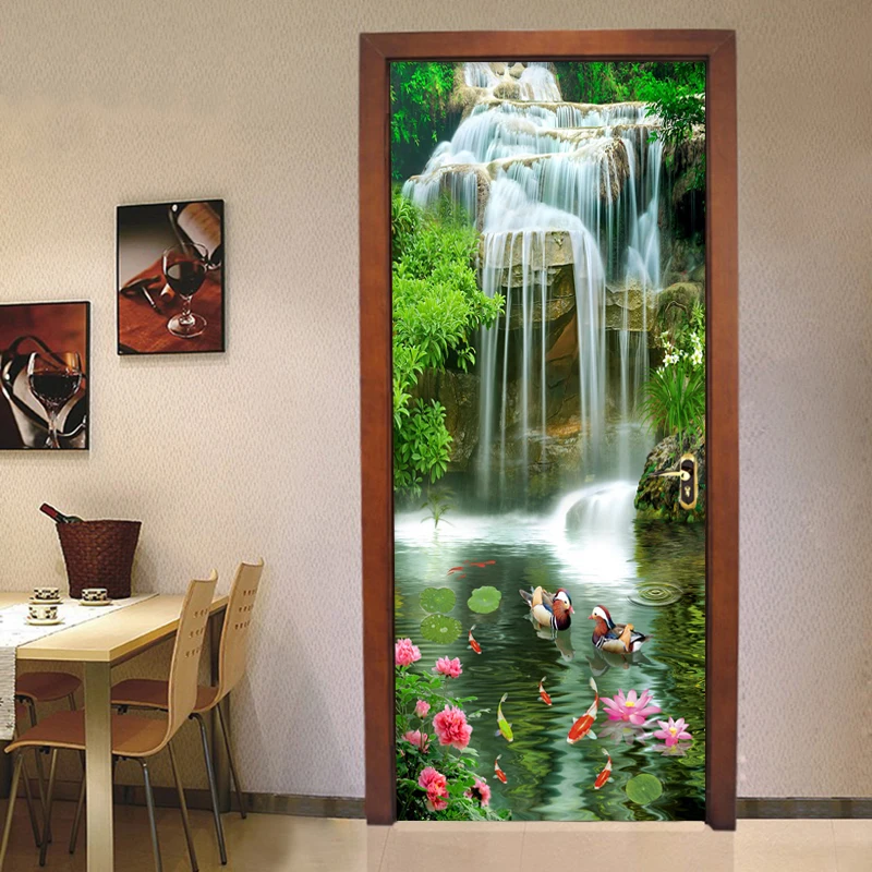 

Chinese Style 3D Waterfalls Lotus Carp Photo Wall Door Sticker Murals Wallpaper Living Room Bedroom Study PVC Waterproof Murals