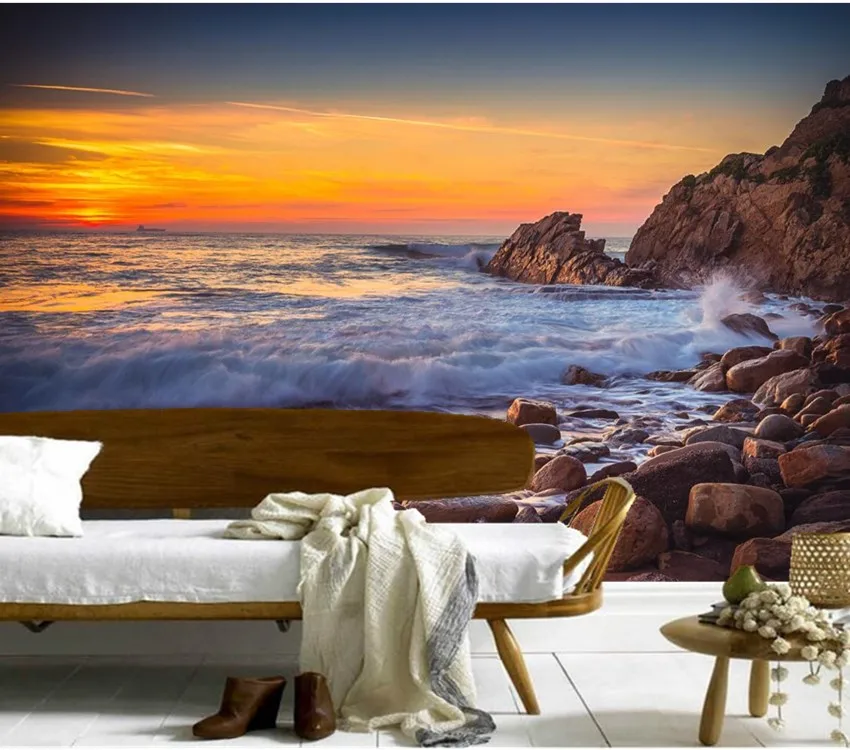 Custom large murals,Sunrises and sunsets Coast Waves Stones Nature wallpapers,living room sofa TV wall bedroom papel de parede