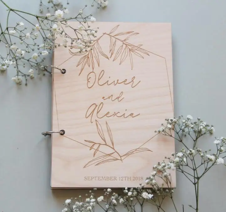 personalized  Botanical Wedding Minimal Wood memory guestbooks engagement Wooden photo Albums signature Sign in Guest Books