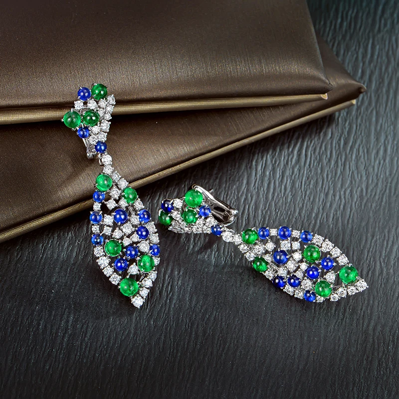 CAIMAO Natural 9.28ctw Cabochon Round Sapphires Emeralds and Diamonds Earrings 18kt Gold Retro English Lock For Women