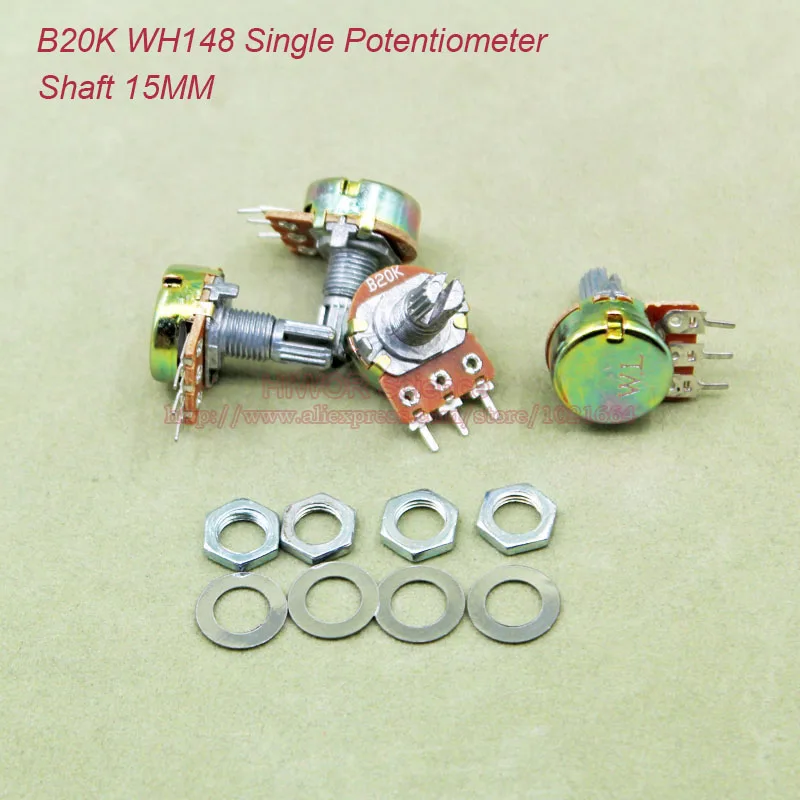 (10pcs/lot) B20K 20K OHM 20KOhm WH148 Linear Single Rotary Potentiometer Pots Shaft 15MM With Nuts and Shim B20K-15MM