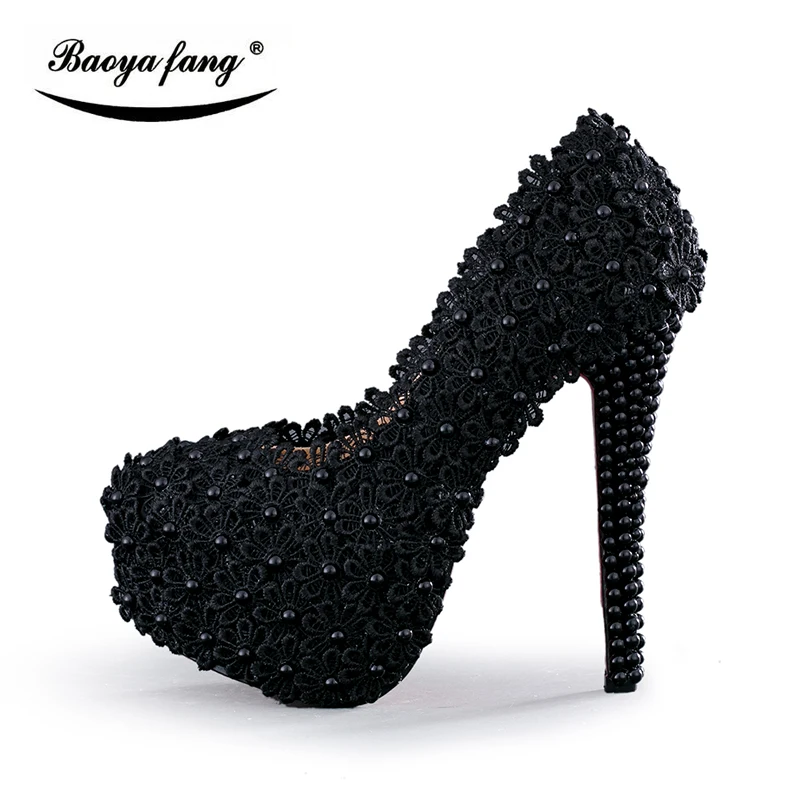 BaoYaFang Black flower Womens wedding shoes Lace High heels platform shoes woman Round toe party shoes 8cm/11cm/14cm high shoes