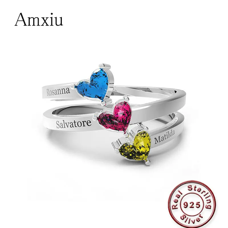 Amxiu Custom Three Names with Birthstones Ring 925 Sterling Silver Rings For Lovers Fashion Jewelry Ring For Women Accessories