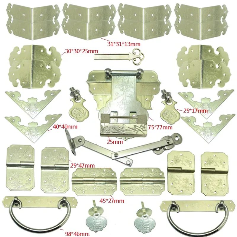 

Antique Yellow Brass Lock Set,Vase Buckle Metal Wooden Box Hasp Latch Lock,Decorative Hasp,Pattern Carved Hinge+Handle+Lock